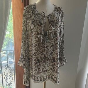 Max Studio Cream and Brown Floral Blouse Large EUC